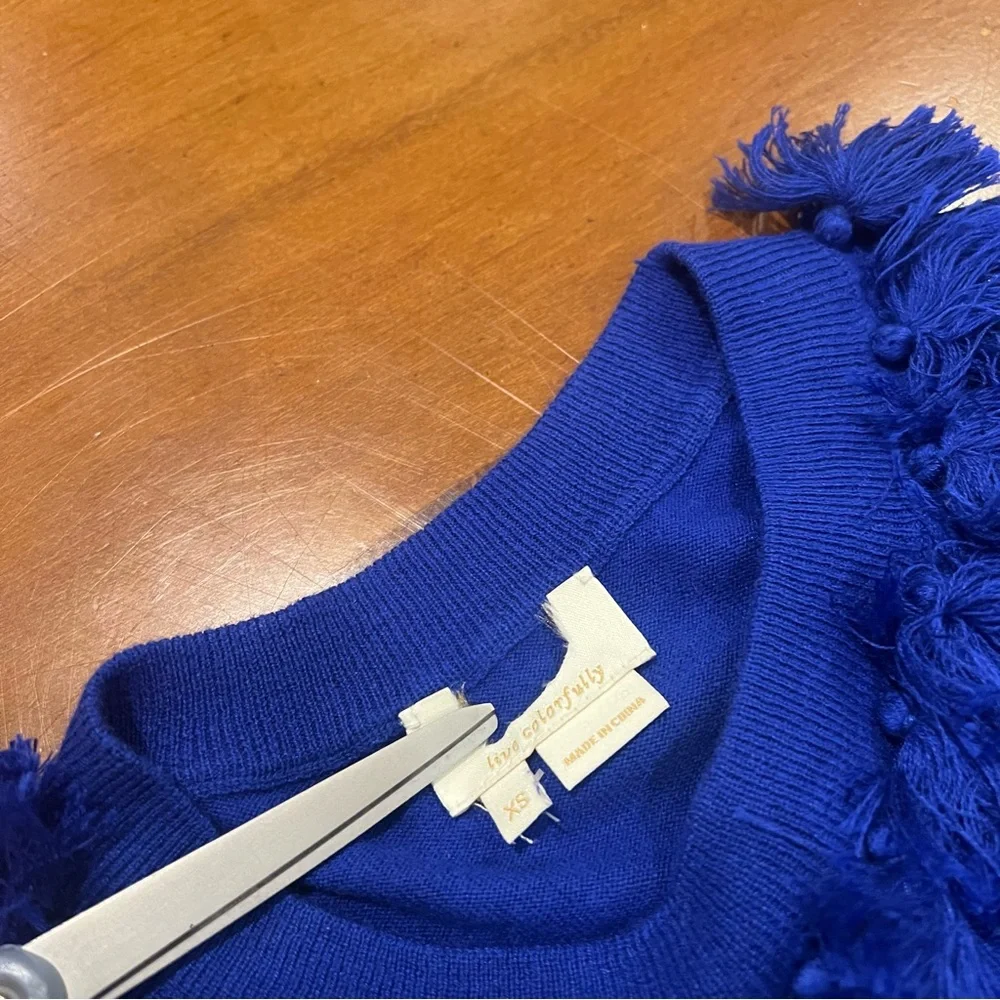 NEW‎ Kate Spade New York Silk Blend Tassel Crewneck Sweater Cobalt Blue XS